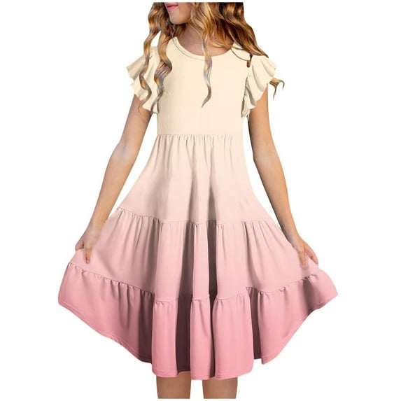 Spazoro Toddler Girls Tiered Dress, Casual with Gradual Color Round Neck Flutter Sleeve Princess Dresses for Child Girls Pink Size 11 T