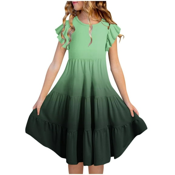 Spazoro Toddler Girls Tiered Dress, Floral Print Casual Round Neck Flutter Sleeve Princess Dresses for Child Girls Green Size 11 T