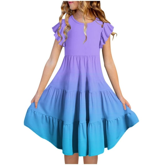 Spazoro Toddler Girls Tiered Dress, Floral Print Round Neck Flutter Sleeve Casual Princess Dresses for Child Girls Purple Size 7 T