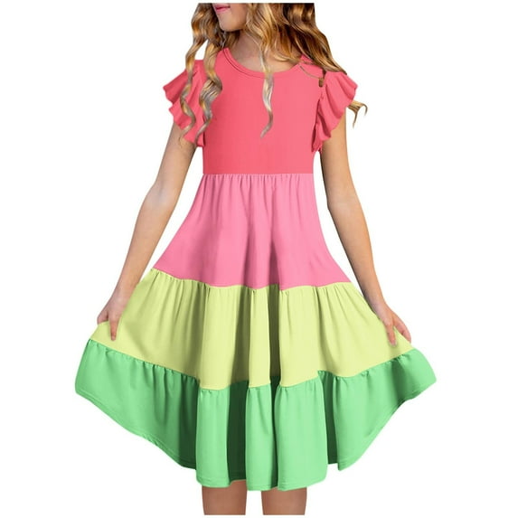 Spazoro Toddler Girls Tiered Dress, Flutter Sleeve Round Neck Color Block Casual Princess Dresses for Child Girls Green Size 7 T