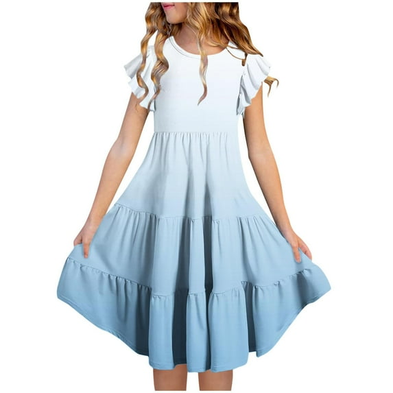 Spazoro Toddler Girls Tiered Dress, Flutter Sleeve Round Neck with Gradual Color Casual Princess Dresses for Child Girls Light Blue Size 9 T