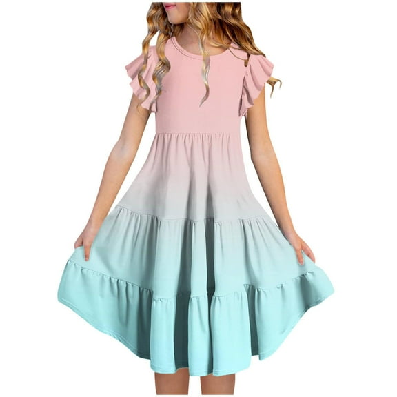 Spazoro Toddler Girls Tiered Dress, Round Neck Casual Floral Print Flutter Sleeve Princess Dresses for Child Girls Pink Size 5 T