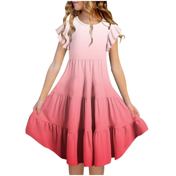 Spazoro Toddler Girls Tiered Dress, Round Neck Flutter Sleeve with Gradual Color Casual Princess Dresses for Child Girls Watermelon Red Size 5 T