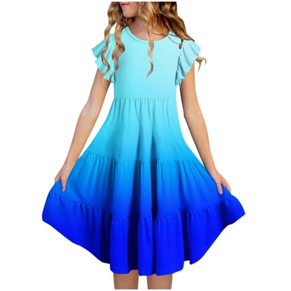Spazoro Toddler Girls Tiered Dress, with Gradual Color Casual Round Neck Flutter Sleeve Princess Dresses for Child Girls Blue Size 7 T