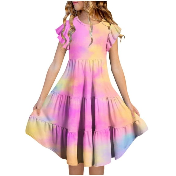 Spazoro Toddler Girls Tiered Dress, with Gradual Color Flutter Sleeve Casual Round Neck Princess Dresses for Child Girls Hot Pink Size 9 T