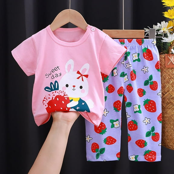 Spazoro Toddler Kids Boys Girls Outfit Shirts Sets, 2-Piece Short Sleeve Printed Summer 2025 Casual Pants Set Pink Size 2 T