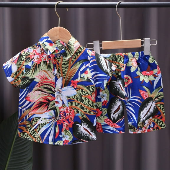 Spazoro Toddler Kids Boys Girls Outfit Shirts Sets, Printed Summer 2025 2-Piece Short Sleeve Casual Shorts Set Blue Size 5 T