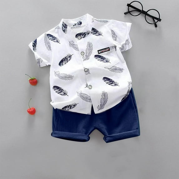 Spazoro Toddler Kids Boys Girls Outfit Shirts Sets, 2-Piece Summer 2025 Printed Short Sleeve Casual Shorts Set Navy Size 1 T