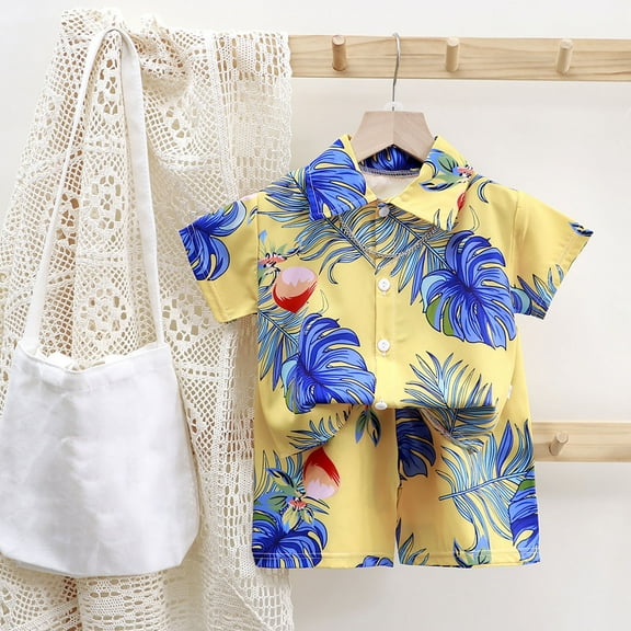 Spazoro Toddler Kids Boys Girls Outfit Shirts Sets, 2-Piece Summer 2025 Printed Short Sleeve Casual Shorts Set Yellow Size 5 T