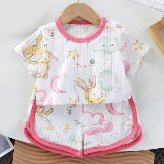 Spazoro Toddler Kids Boys Girls Outfit Shirts Sets, Printed 2-Piece Short Sleeve Summer 2025 Casual Shorts Set Hot Pink Size 6 Months