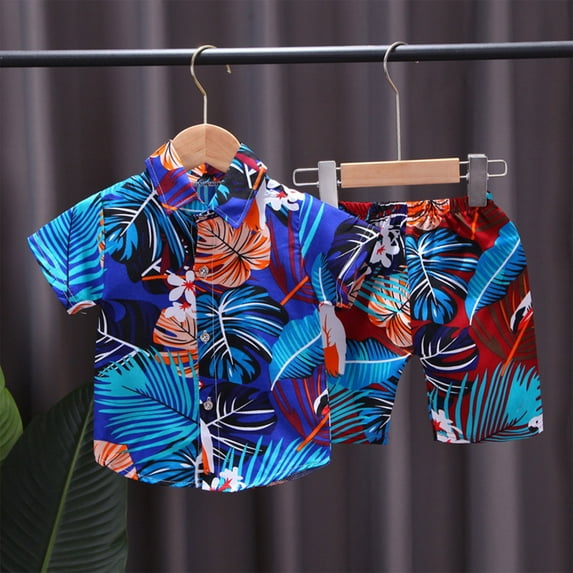 Spazoro Toddler Kids Boys Girls Outfit Shirts Sets, Summer 2025 2-Piece Printed Short Sleeve Casual Shorts Set Blue Size 1 T