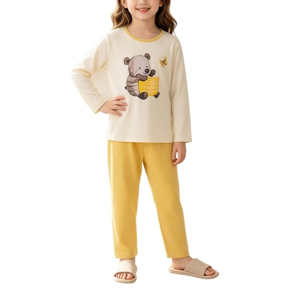 Spazoro Toddler Kids Girls 2PC 100% Cotton Ouifit Sets, Long Sleeve Bear Print Soft & Comfy Fall Winter Casual Shirts and Pants for Loungewear Yellow Size 6-7