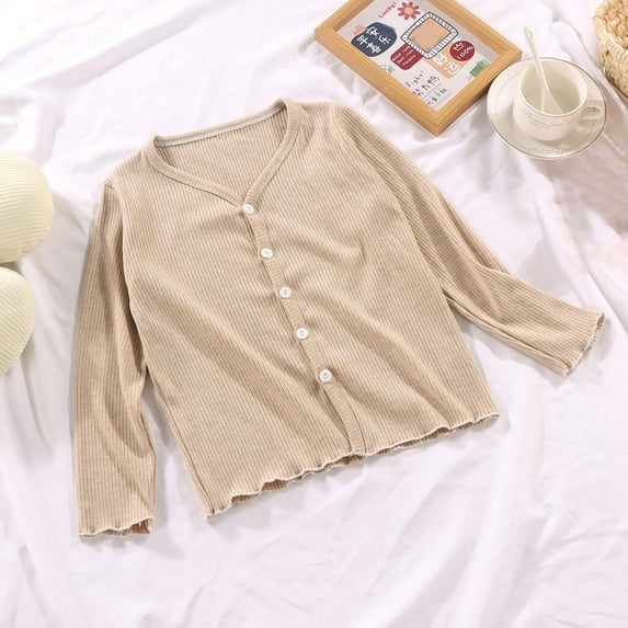 Spazoro Toddler Kids Girls Boys Sweatshirts, Crew Neck Solid Color Fall Winter Long Sleeve Tops for Childs Girls Boys Khaki Size 4-6 T
