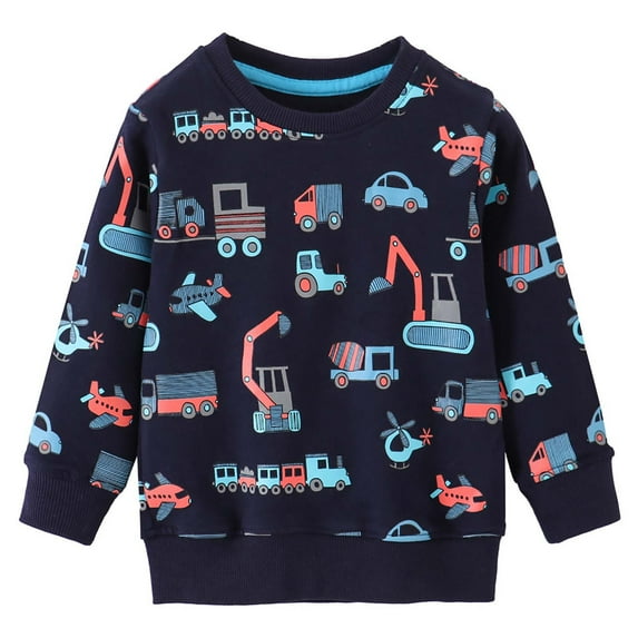 Spazoro Toddler Kids Girls Boys Sweatshirts, Fall Winter Long Sleeve Car Print Crew Neck Tops for Childs Girls Boys Blue Size 3-4 T