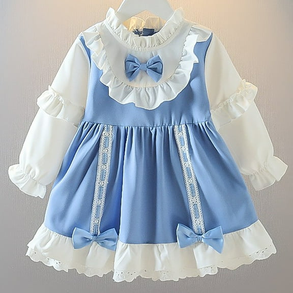 Spazoro Toddler Kids Girls Dress, Long Sleeve Lace Patchwork Fall Winter Princess Loose Bow Dresses for Girls Blue Size 3-4T