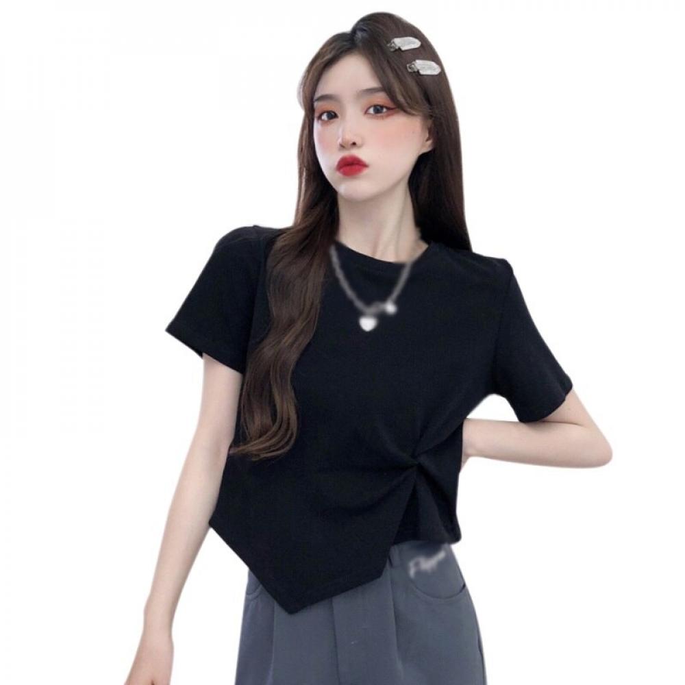 Spdoo Korean Solid Color O Neck Asymmetrical Kink Casual
