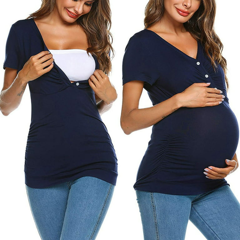 Spdoo Maternity Tops Shirts Short Sleeve V Neck T Shirts Casual Summer  Button Nursing Tops Pregnancy Tunic Blouse 