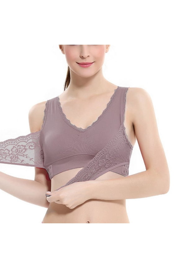 Women Seamless Lace Sports Bras Cross Side Buckle Full Coverage Racerback Bra for Women Yoga Workout Activewear Bean Paste Purple 4XL