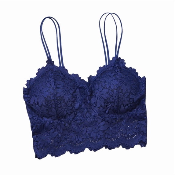 Popvcly Women's Lace Bralette Bra Lingerie V Neck Crochet Crop Top Floral Cami Padded Bandeau Bra Underwear Navy Blue M