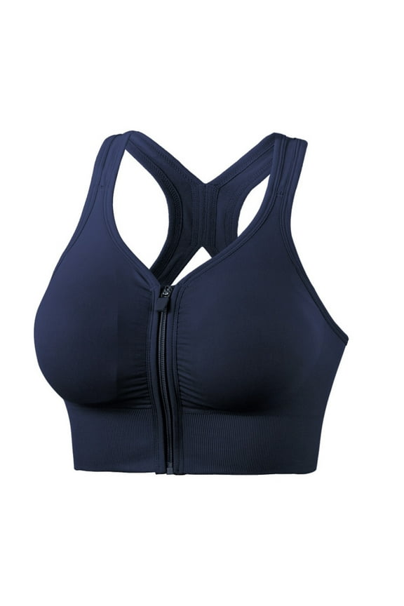 Women's Zip Front Closure Sports Bra Wirefree Post-Surgery Bra Padded Racerback Workout Gym Yoga Bras,Navy Blue S