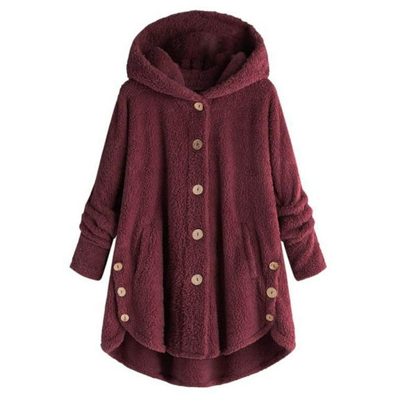 Spdoo Womens Plush Hooded Coat Long Sleeve Solid Fuzzy Fleece Casual Overcoat Button up Ear Hooded Jacket Outwear with Pocket 3XL