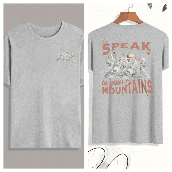 Speak Mountains Tee Christian T-Shirt Faith Graphic Top Inspirational Design Soft Cotton Comfort Fit Colors Gray S-3XL