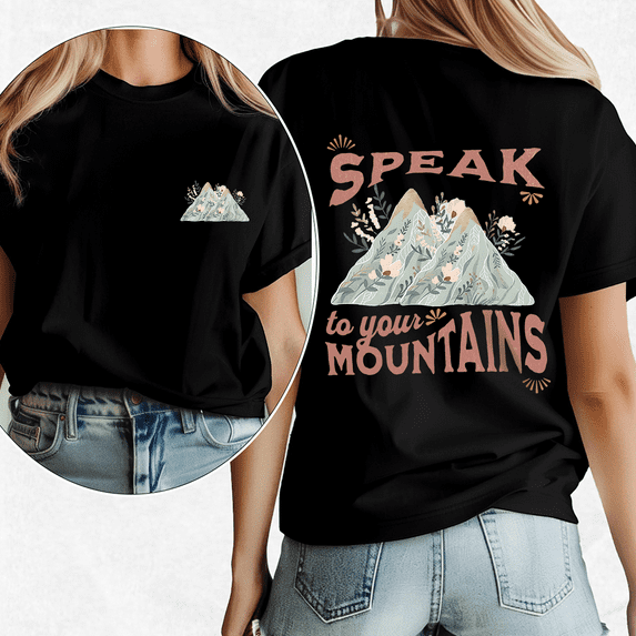 Speak To Mountains Inspirational Graphic Tees Faith Based Lettering Print Tshirts Casual Short Sleeve Casual Tops for Daily Outfits Black,M