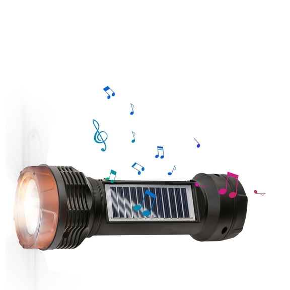 Speaker & Emergency Flashlight In-1, Solar-Rechargeable, True Stereo Speaker with BT Connection/FM/TF Card/USB Mode, Bright LED Light, Perfect for Camping, Hiking, Outdoor Adventures & Travel
