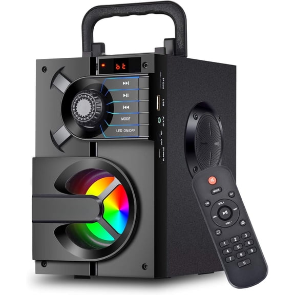 Speaker, Portable Speakers with Subwoofer Stereo Sound Rich Bass Outdoor Party Speakers Support Remote Control FM Radio LED Lights