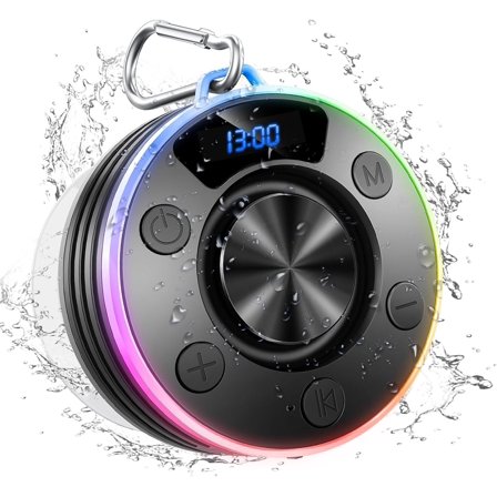 Speaker, Shower Speaker Stereo Sound, IPX7 Speakers with RGB Light, Suction Cup, Hook, Digital Display, Portable Speakers for Bathroom Party Beach, Black