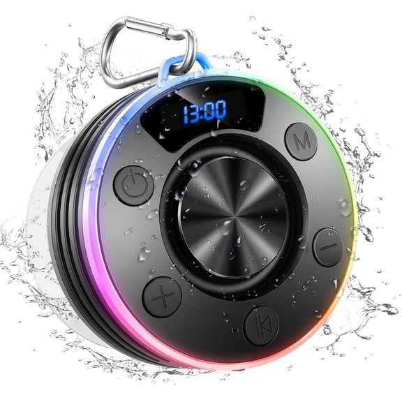 Speaker, Shower Speaker Stereo Sound, IPX7 Speakers with RGB Light, Suction Cup, Hook, Digital Display, Portable Speakers for Bathroom Party Beach, Black