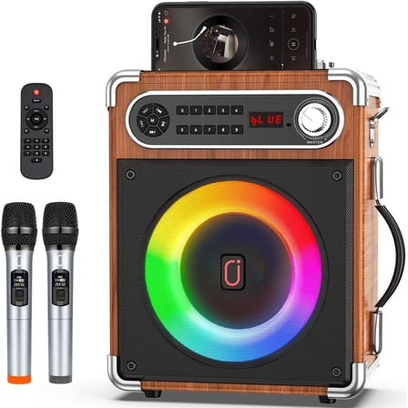 Speaker with Two Microphones, Outdoor Speaker with Subwoofer/Tweeter, Portable PA Speaker System with Remote Control, Discol Lights, FM, REC for , Party