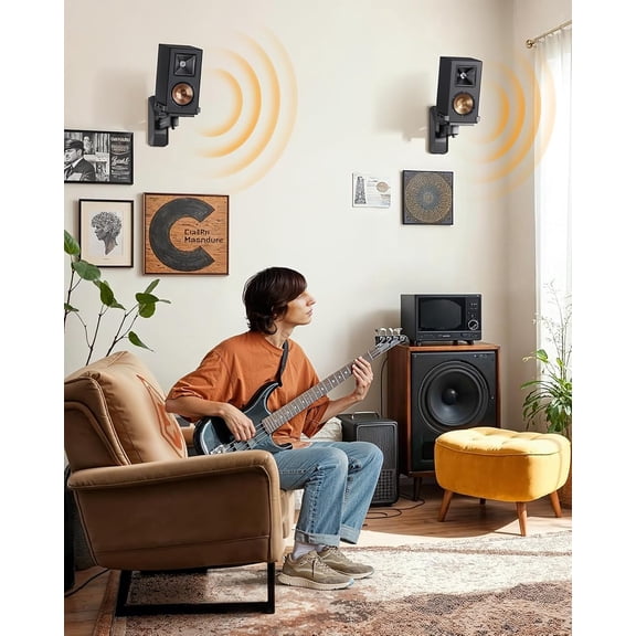Speaker Wall Mounts, Bookshelf Speaker Mounting Brackets with Dual Side Stable Clamp Design, Wide Tilt & Swivel Shelf for Large Surrounding Sound Speakers, Up to 55 lbs, 1 Pair