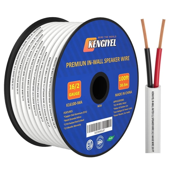 Speaker Wire 16 Gauge 100FT, 16 AWG Stranded PVC Extension Cord,CL2 Rated in-Wall Fire Safety Wire, 12V Low Voltage/Tinned Copper/Flexible Cable for Automotive Wiring, Lamp Cord, Marine Cable,