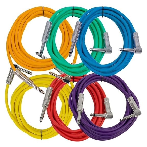 Speakers Guitar Cables, Right Angle To Straight Guitar Cables, Multicolor, 10 Feet, 6 Pack