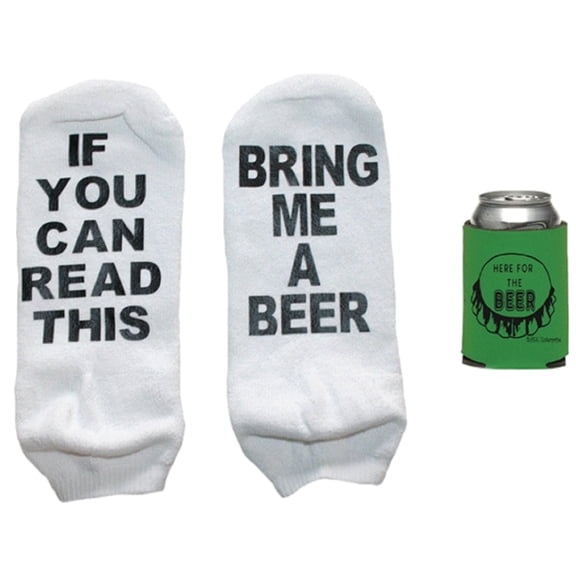 Speaking Funny Ankle Socks "Bring Me A Beer " and Insulated Can Holder (11-15) White/Black