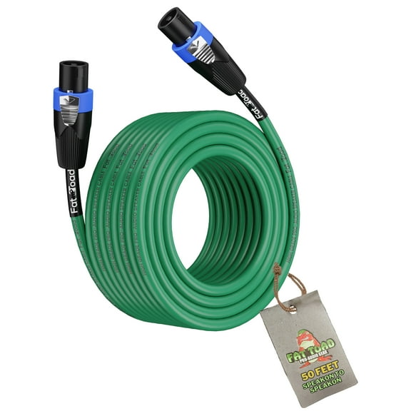 Speakon to Speakon Cable by Fat Toad 50ft Professional 12GA Pro Audio Green Speaker PA Cord with Twist Lock Connector 12 AWG Wire for Impeccable Music Studio Recording & DJ Stage Performance Gear