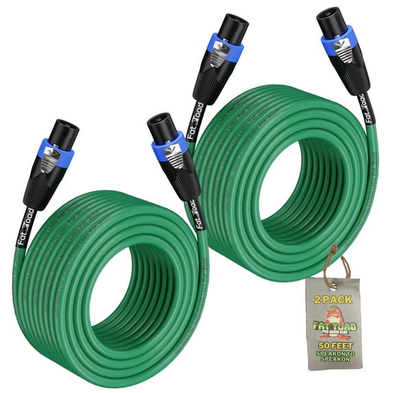 Speakon to Speakon Cables (2 Pack) by Fat Toad 50ft Professional Pro Audio Green Speaker PA Cord with Twist Lock Connector 12 AWG Wire for Impeccable Studio Recording & DJ Stage Performance Gear