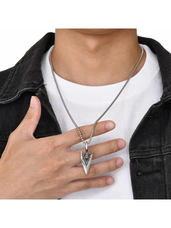 Spear Point Arrowhead Pendant Necklace for Men, 14K White Gold Filled Cool Punk Arrow Charm with Box Chain Jewelry Gift
