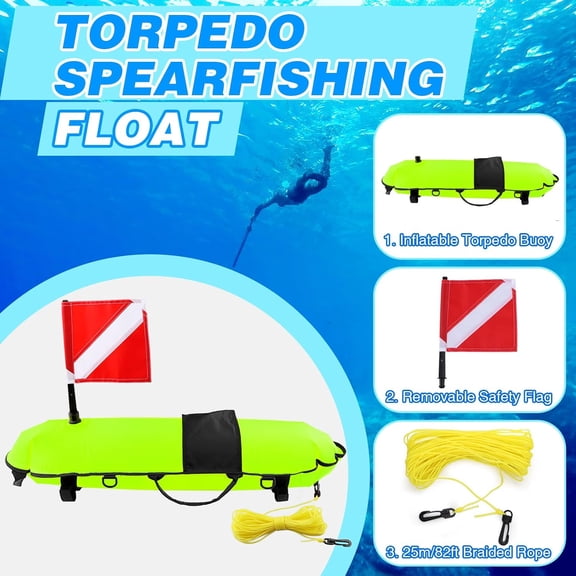 Spearfishing Buoy, Hi-Visibility Inflatable Torpedo Buoy Float Signal Floater Ball with Dive Safety Flag and 82ft Ropes for Scuba Diving, Freediving, Snorkeling, Swimming