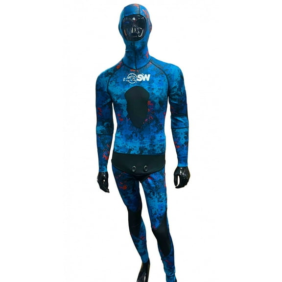 Spearfishing World 1mm Stretch Neoprene 2-piece Wetsuit for Men Blue Camouflage Hooded Jacket, Loading Pad for Speargun, SCUBA Freediving, Spearfishing, Snorkeling or Swimmming