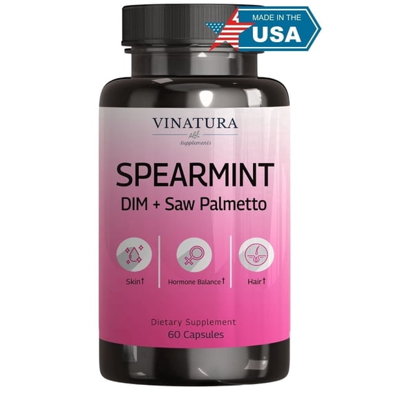 Spearmint Leaf Capsules Supplement - Enhanced with DIM & Saw Palmetto, for Unwanted Hair, Women' Health & Skin *USA Made & Tested* - 1380mg/serving, 60 Capsules (30 Servings)