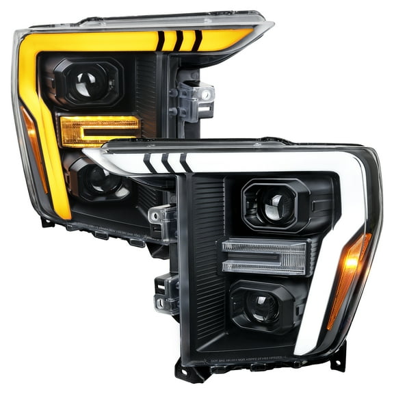 Spec-D Tuning Black Projector Headlights w/Switchback Sequential Signal LED Tube, DRL, and Startup Animation Compatible with 2021-2023 Ford F150, Left + Right Pair Headlamps Assembly