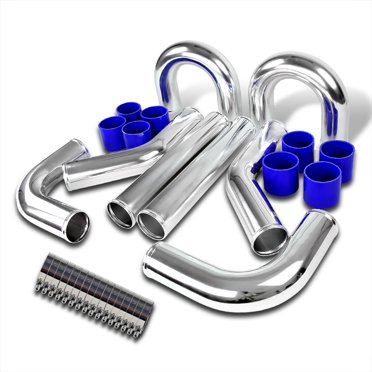 RDT Chrome DIY Turbo Intercooler Piping Kit – 3" 8-Piece Set With 8 Red Silicone Couplers & T-Clamps