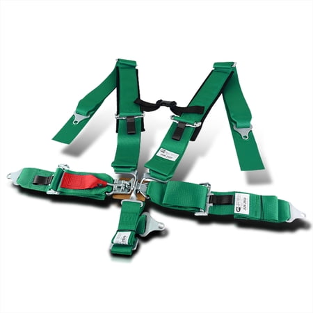 Spec-D Tuning 5-Point Latch Green Nylon Straps Racing Seat Belt Buckle+SFI 16.1 Link Harness