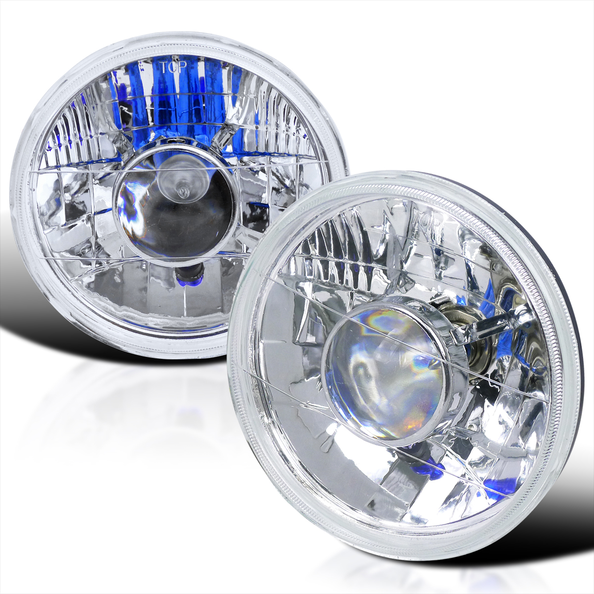 Spec-D Tuning 7 Inch Round Chrome Halogen Projector Headlights Compatible with Most Vehicles Equipped w/ 7" Round Sealed Beam Headlamps, Left + Right Pair Assembly
