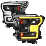 Spec-D Tuning Amber LED Black Projector Headlights w/ Sequential Turn Signals & DRL Compatible with 2015-2017 Ford F-150, Left + Right Pair Headlamps Assembly