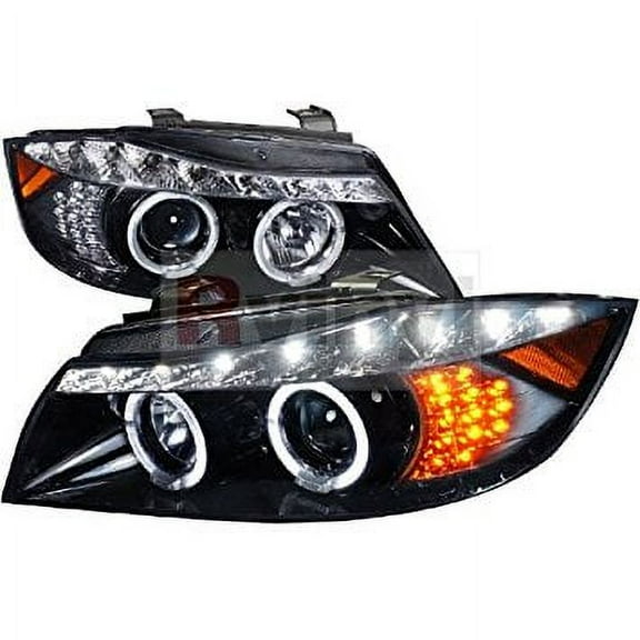 Spec-D Tuning BMW E90 Sedan 2006 2007 2008 R8 Style LED Halo Projector Headlights - Black with Amber LED Corner Light