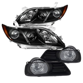 Spec-D Tuning Black Amber Projector Headlights + Clear Fog Driving Lamps Compatible with 2007-2009 Toyota Camry Left + Right Pair Headlamps Assembly