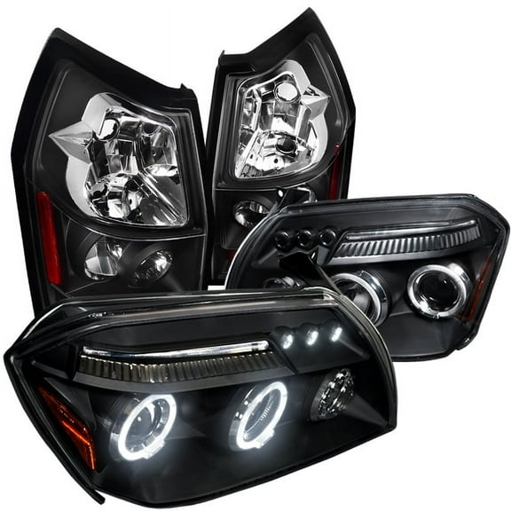 Spec-D Tuning Black Dual Halo LED Projector Headlight + Rear Tail Lamp Compatible with 2005-2007 Magnum Se/Sxt Left + Right Pair Headlamps Assembly